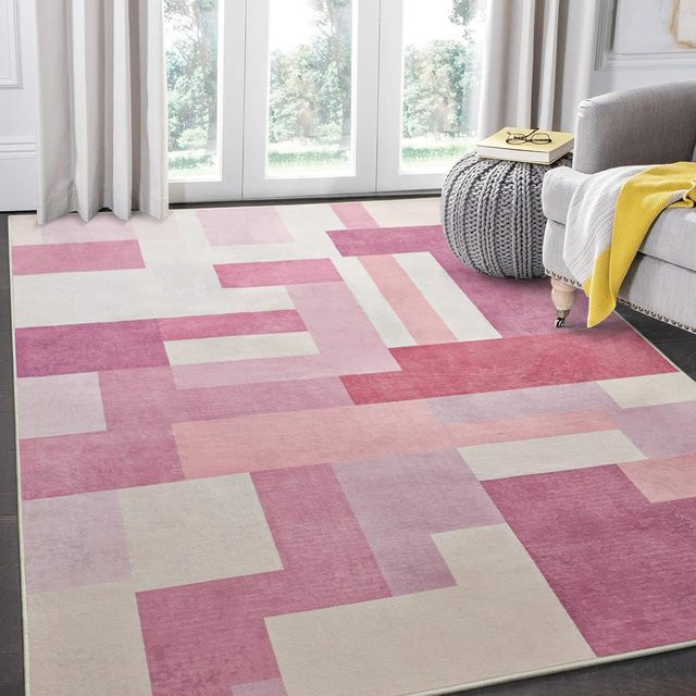 Moderner geometrischer Patchwork-Teppich von Lodestar in Pink, rutschfest und maschinengewebt, B/T: 80 x 50 cm - Bild 1