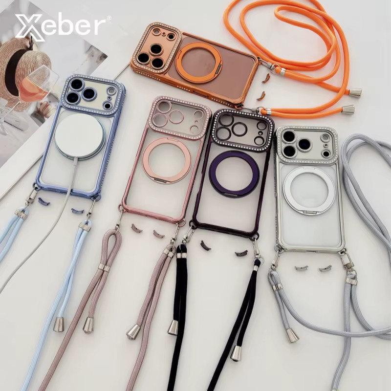 Xeber Flash-Diamant-Halskette mit Magnet-Hülle für iPhone 13, 14, 15, 16, 17 Pro Max, MagSafe-kompatibel, transparent oder schwarz - Bild 1