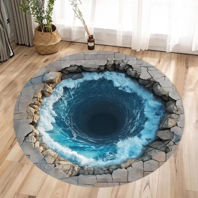 Runder 3D Wasserfall Illusion Teppich von Lodestar in Blau, Maschinenwebart, Durchmesser: 40 cm - Bild 1
