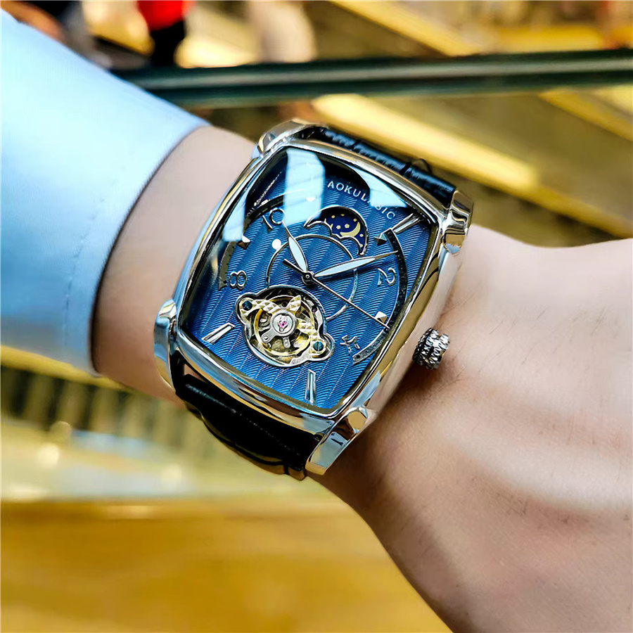 AOKULASIC Armbanduhr Tourbillon Skelett, Edelstahl, Leder, Herren - Bild 2