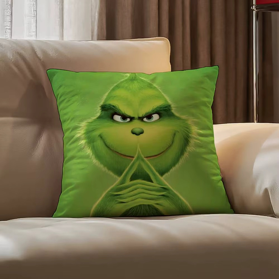 Weihnachtlicher Kissenbezug mit Grinch-Motiv aus grünem Kurzplüsch, quadratisch, 30 x 30 cm - Bild 3