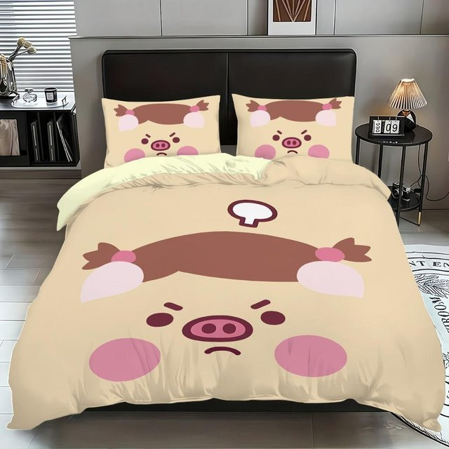 Bettwäscheset Cartoon Schwein von Binchi Fitness mit Bettbezug und Kissenbezug, Farbe Beige, Material Mikrofaser, Breite: 240 cm, Länge: 220 cm - Bild 1