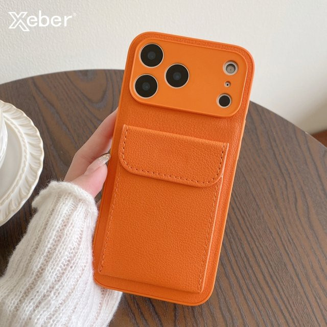 Xeber Leder-Kartenhalter-Mappenhülle mit Litschi-Textur für iPhone 17 16 15 14 13 Pro Max in Orange mit Kameraobjektivschutz und stoßfester Abdeckung - Bild 1