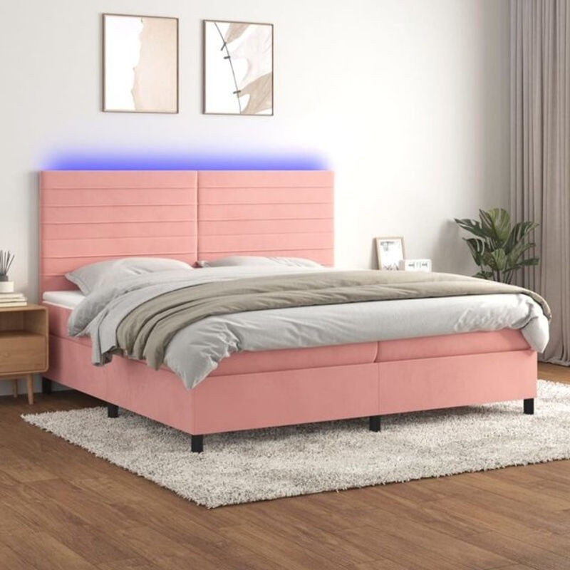 vidaxl Boxspringbett mit Matratze und LED in Rosa und Weiß, Samt, Modern, B/T/H: 200 x 200 x 128 cm - Bild 1