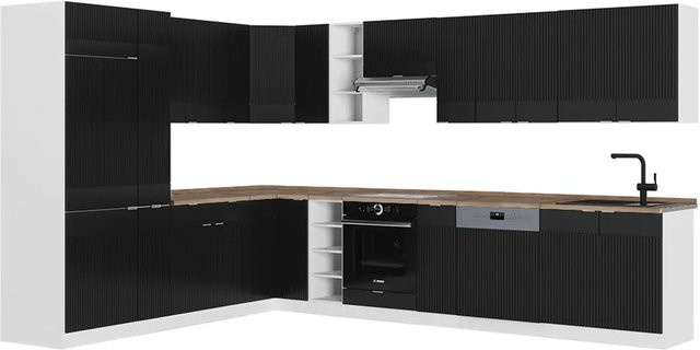 Vicco Fame-Line Eckküche in Schwarz gestreift und Weiß mit Eiche-Optik, B: 372,72 cm, B: 347 cm, H: 257 cm - Bild 1