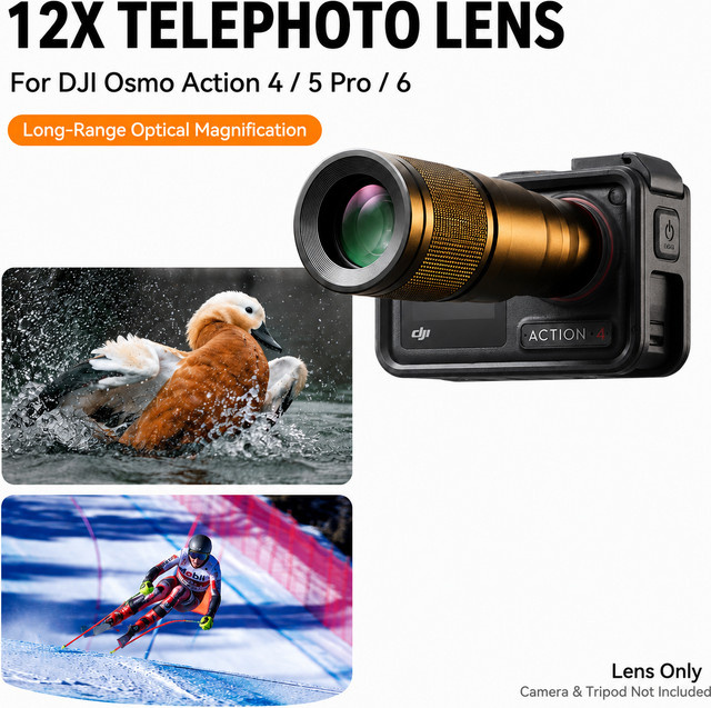 12-fach Teleobjektiv für DJI Osmo Action 4, Osmo Action 5 Pro und Osmo Action 6 in Schwarz für Wildtier- und Sportaufnahmen - Bild 1