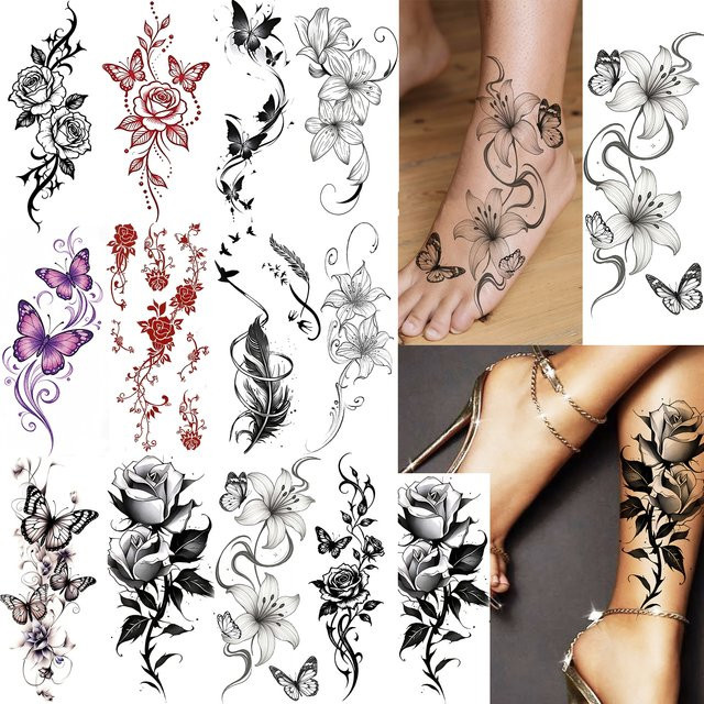 COKTAK Temporäre Tattoos mit Rosen, Lilien und Schmetterlingen, Damen - Bild 1