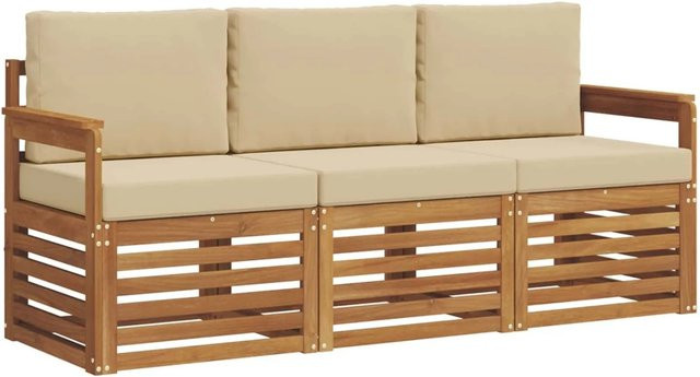 vidaXL 3-teilige Sofagarnitur aus Massivholz Akazie in Natur und Beige mit Sitz- und Rückenkissen im modernen Latten-Design - Bild 1