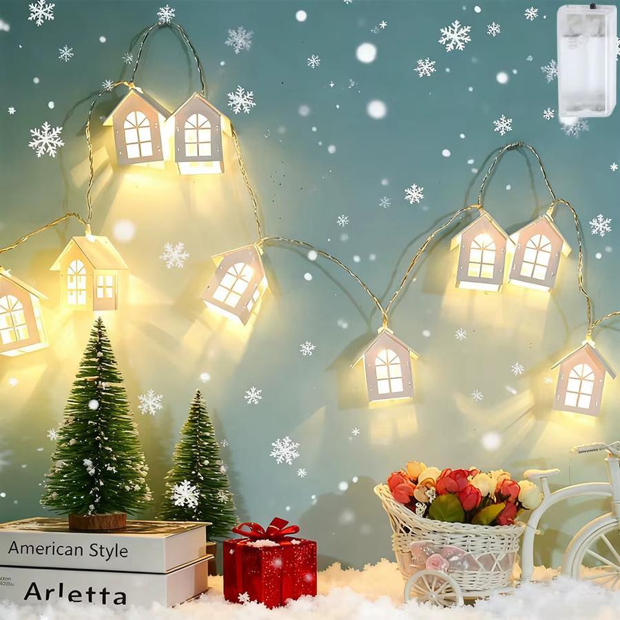 Holzhaus-Feen-Lichterkette mit 10 warmweißen LED-Laternen, 2 m Länge, weißes Holzdesign für Dekorationen zu Weihnachten, Hochzeiten oder Partys - Bild 2