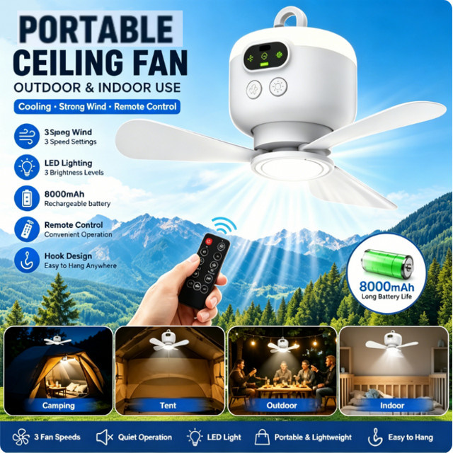 Betuyoo USB-Deckenventilator mit 8000 mAh Akku, wiederaufladbarer Campingventilator mit LED-Leuchte und Fernbedienung, tragbarer Hängeventilator für Zelte und Reisen, weiß - Bild 1