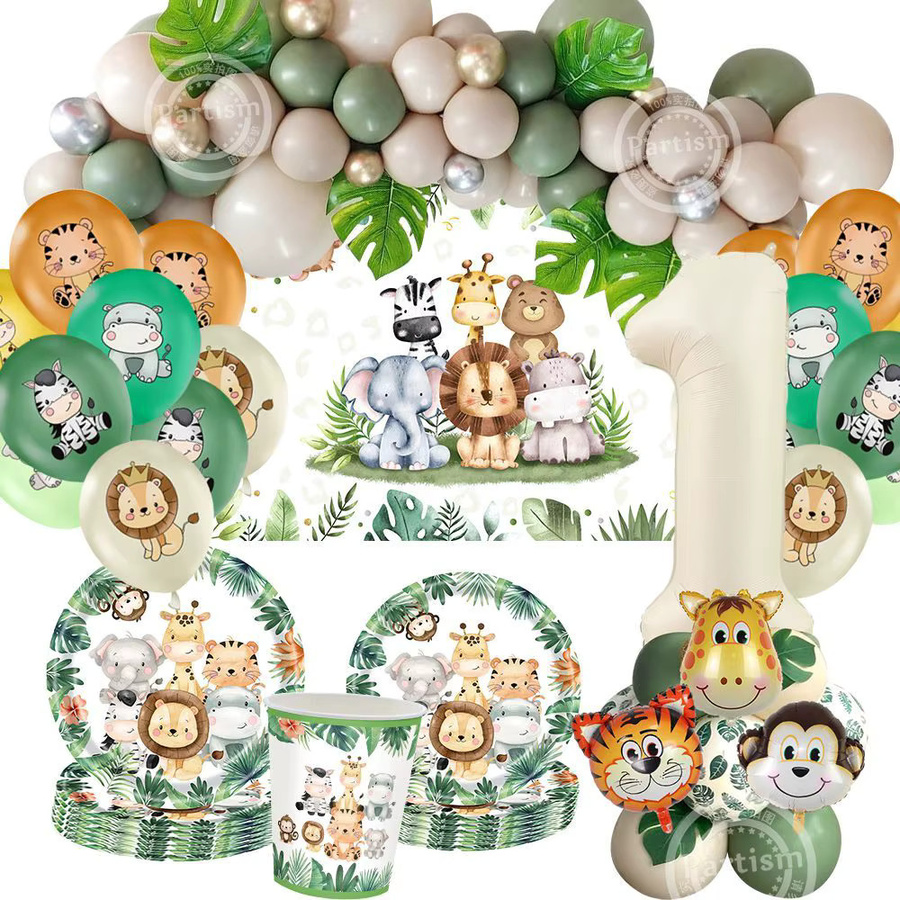 Einweggeschirr Set aus Papier mit Dschungel Safari und Wald Motiv für Kindergeburtstage, buntes Party-Set bestehend aus Tellern, Servietten und Bechern - Bild 2