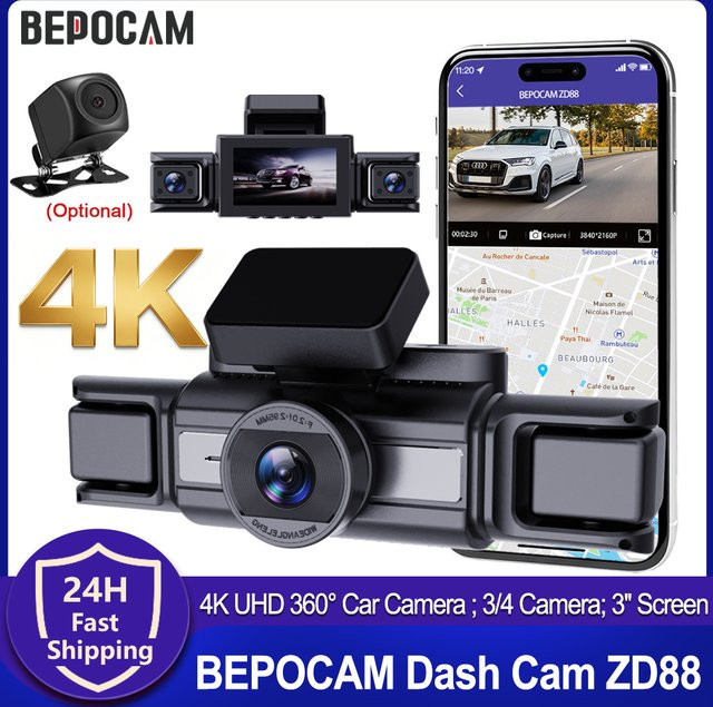 BEPOCAM Dashcam 4K UHD mit 360 Grad Innenansicht, WLAN, GPS, WDR und Nachtsicht, inklusive 24-Stunden-Parküberwachung, Schwarz - Bild 1