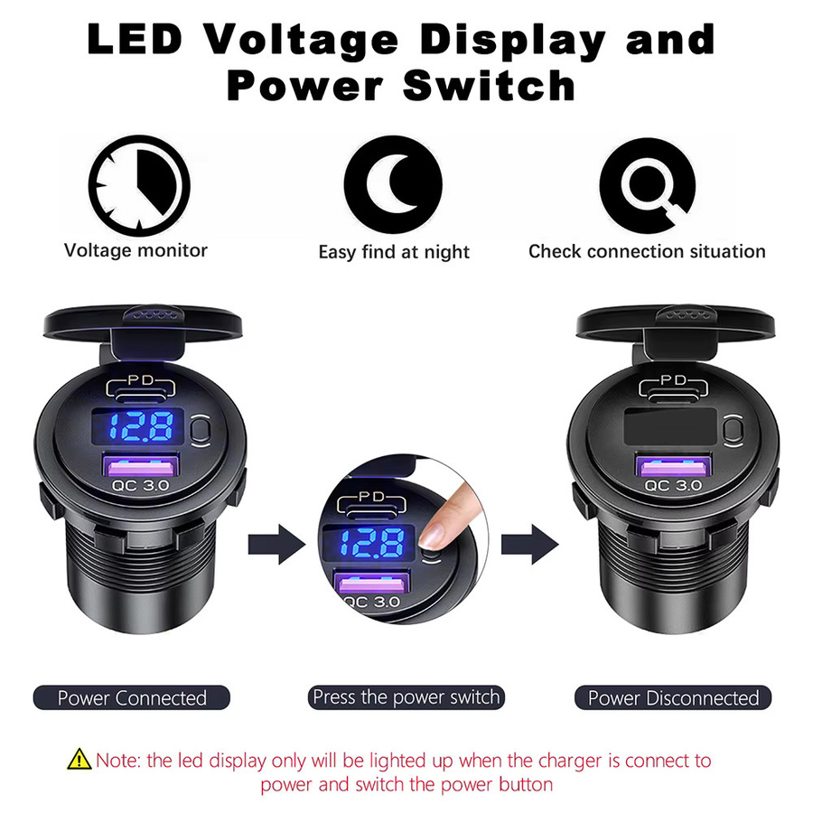 EARU USB C Auto Ladegerät 12V/24V mit Dual USB-Buchse PD 3.0 und QC 3.0, LED-Voltmeter und Ein/Aus-Schalter, Schwarz - Bild 2
