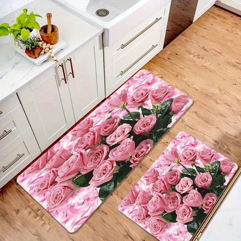 VIKAMA Bodenmatte mit rosa Rosenmuster, rutschfest und wasserabsorbierend, B/T: 60 x 40 cm - Bild 3