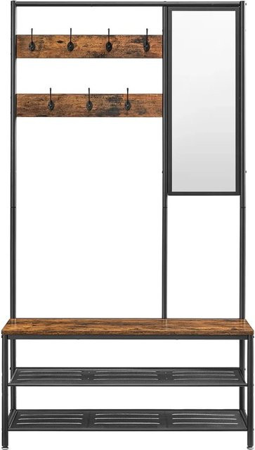 VASAGLE Garderobenständer mit Sitzbank, Spiegel und 7 Haken im Industriedesign, Braun-Schwarz, B/T/H: 35 x 98 x 180 cm - Bild 2