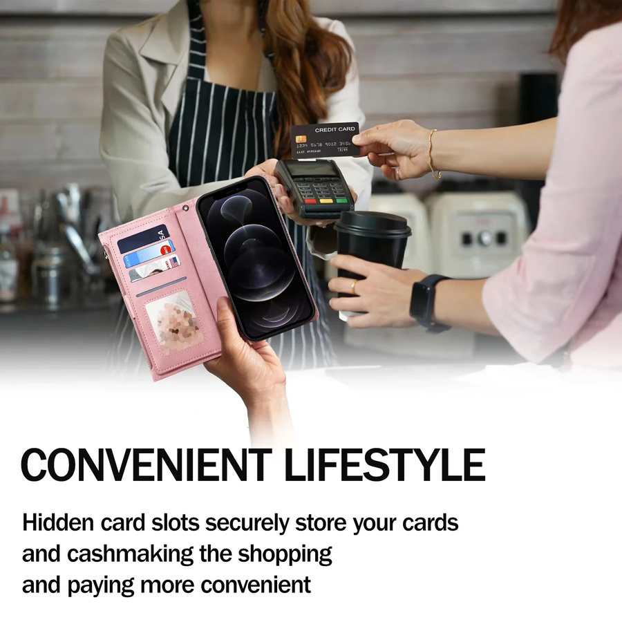 Eseble Crossbody Leder Brieftasche mit Reißverschluss und Lanyard für Google Pixel 9 Pro XL 8 Pro 8a 7 Pro 6 Pro 6a inklusive RFID-Schutz in Braun oder Pink - Bild 3