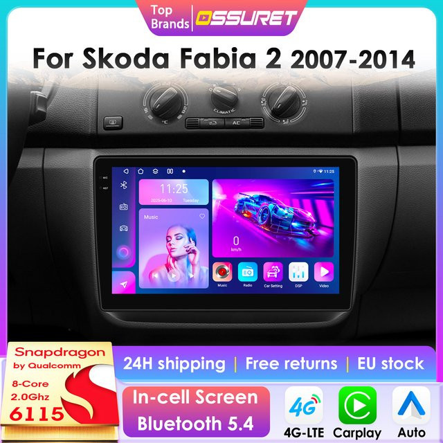 OSSURET CarPlay Android 14 Autoradio für Skoda Fabia 2 (2007-2014) mit GPS und 4G-LTE Multimedia Player in Schwarz - Bild 1