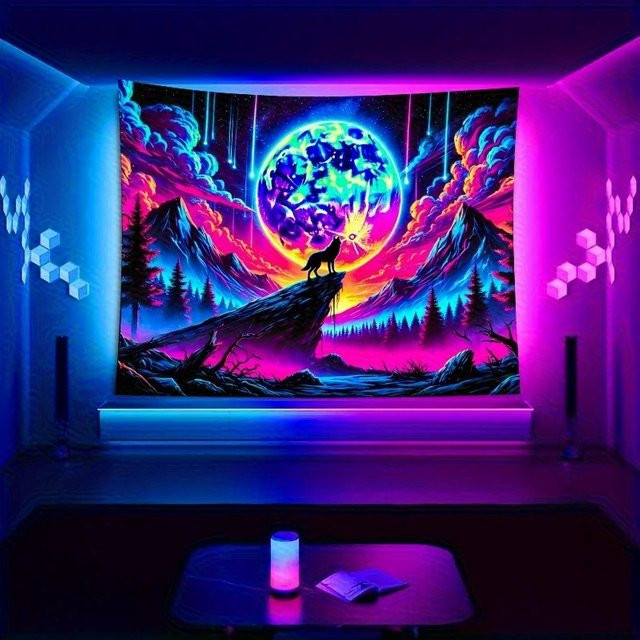 VIKAMA Aurora Wolf Mond Wandteppich in Multicolour mit Neon Farbverlauf für dein Gaming Zimmer oder Musik Studio, B/H: 60 x 40 cm - Bild 1