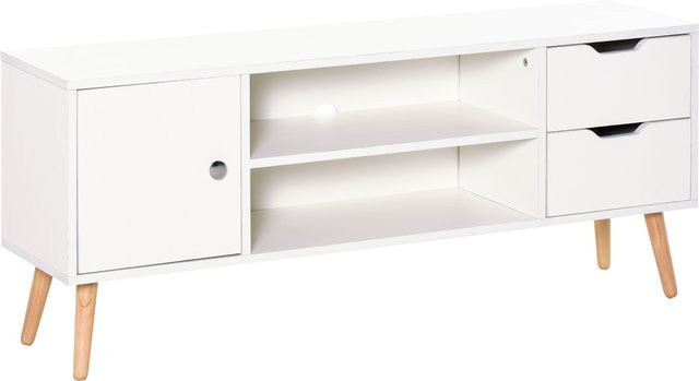 HOMCOM TV Lowboard Fernsehtisch in Weiß mit Holzfüßen und 2 Schubladen, B/T/H: 120 x 28 x 44 cm - Bild 1