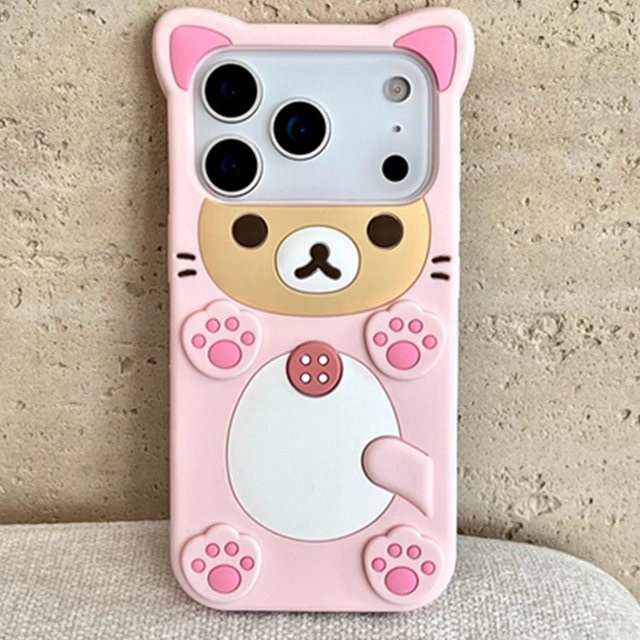 NMEGOU Silikonhülle mit 3D Cartoon Bär für iPhone 17 16 15 14 13 12 11 Pro Max Plus Mini in Pink - Bild 1
