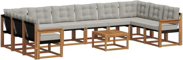 vidaXL Outdoor-Sofagarnitur aus Akazienholz in U-Form mit Textilene und Kissen, 11-teilig, Natur und Grau - Bild 1