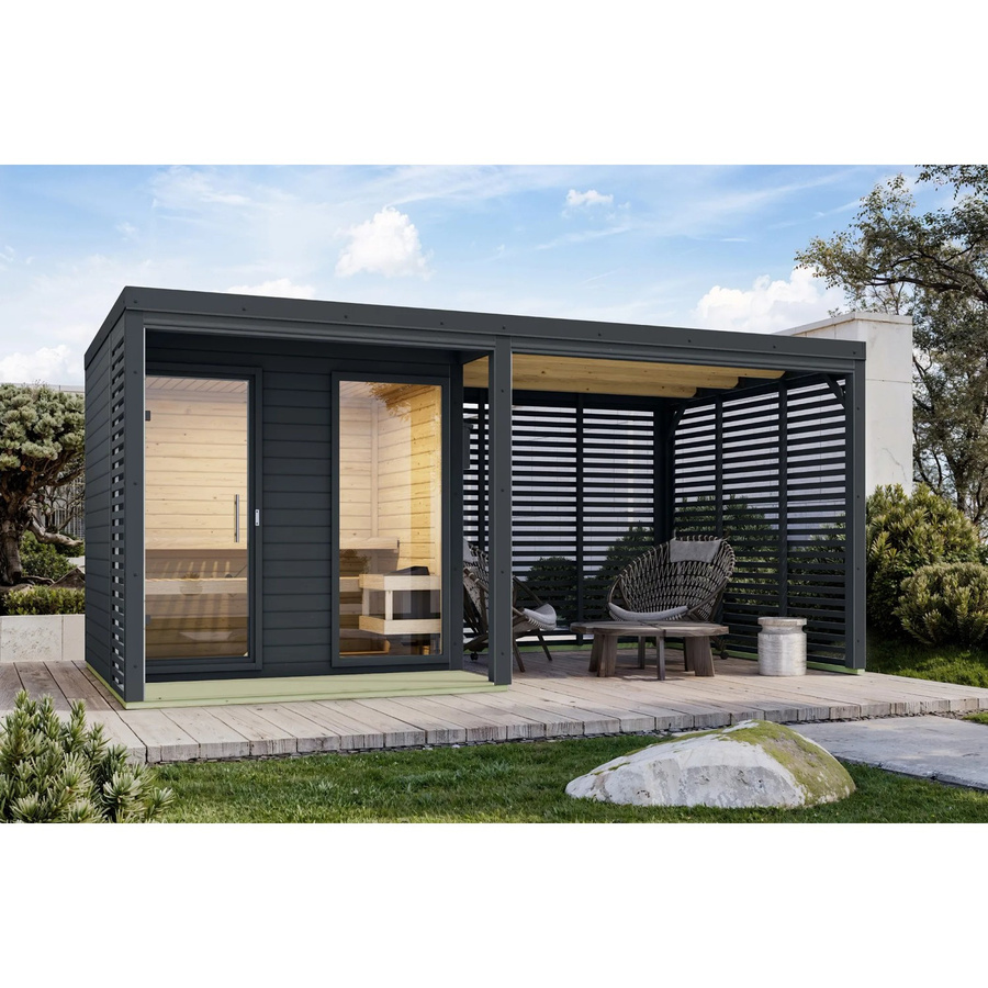 Karibu Anbaudach für Karibu Saunahaus Seros in Anthrazit mit Lamellenoptik - Bild 2