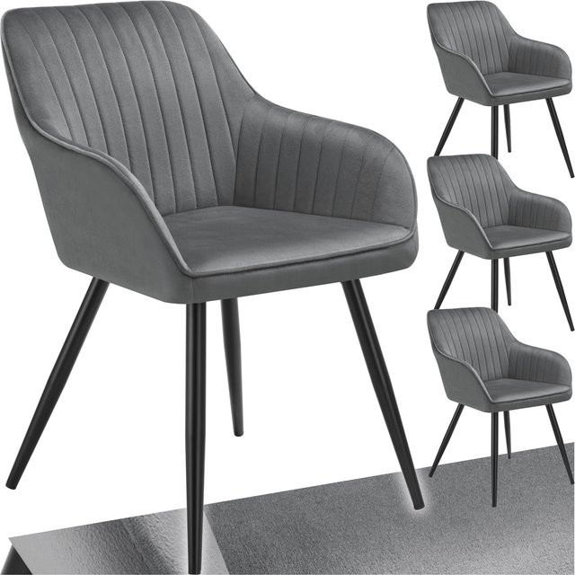 tectake Esszimmerstuhl Marilyn 4er Set, gepolstert in Samtoptik mit Steppmuster und Stahlbeinen, B/T/H: 58 x 62 x 82 cm, Grau-Schwarz - Bild 1