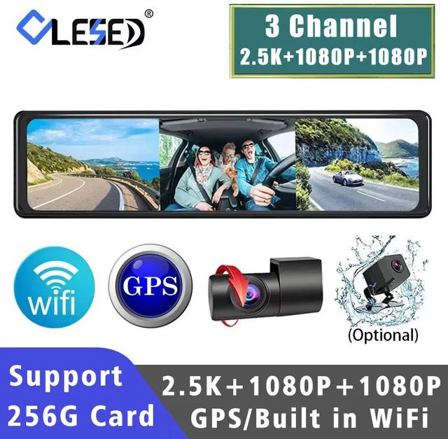 3-Kanal Dash Cam mit WLAN und GPS, 1080p Full HD Rückspiegel Dashcam mit Innenkamera, Schwarz - Bild 1