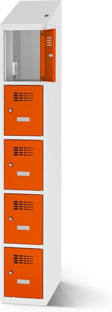 rotstahl Fächerschrank mit 5 Fächern und Ladefunktion, Farbe Orange, Korpus Lichtgrau, B: 30 cm, H: 200 cm - Bild 1
