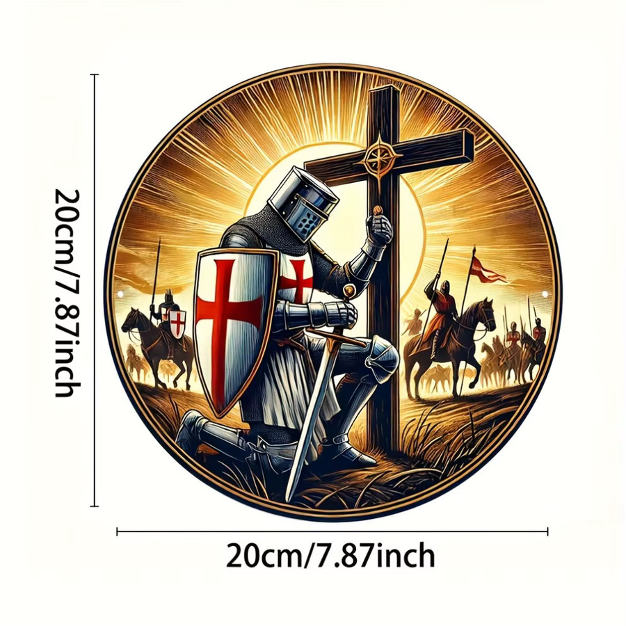 HELLOYOUNG Metallschild Vintage Templar Knight Prayer Wandekoration Rund, Mehrfarbig, Durchmesser: 20 cm - Bild 3