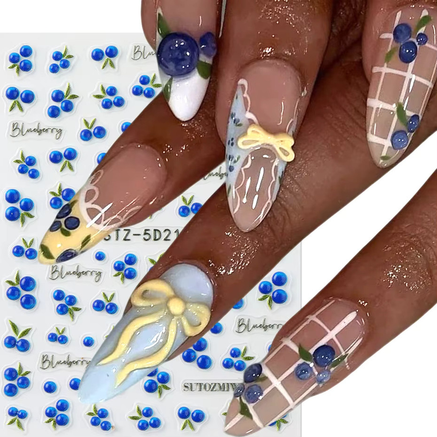 2 Stück Nagelkunst-Sticker, Blaubeer-Gelee, 5D Geprägte Beeren, Glänzend - Bild 2