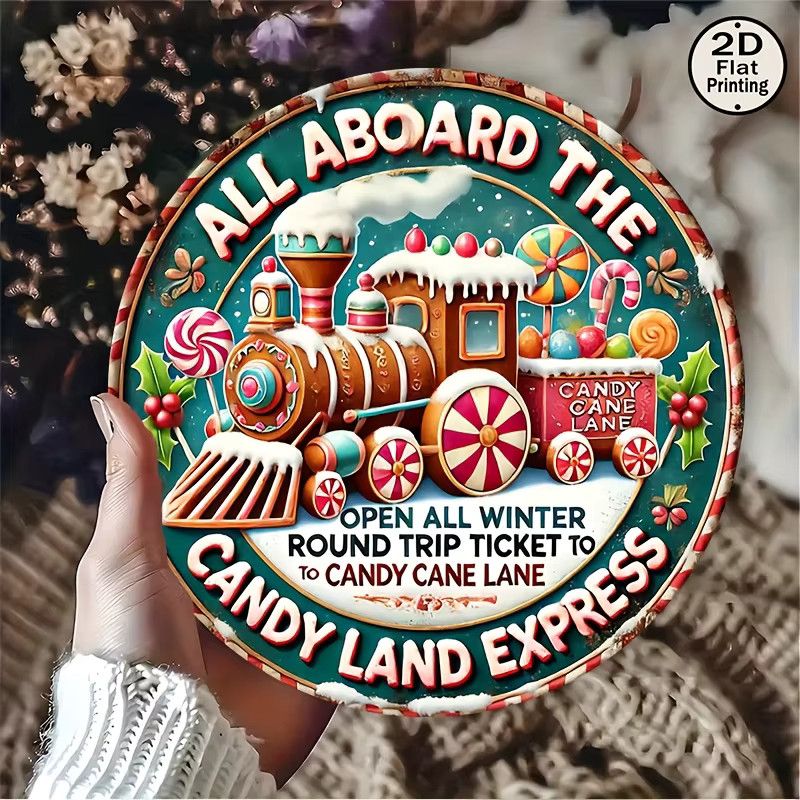 Potdemiel Vintage Metall-Wandblechschild Candy Land Express Winter Joy Journey, rund, multicolor, Durchmesser: 20,32 cm - Bild 5