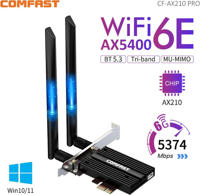 Intel AX210 PCIe WiFi 6E Wireless-Netzwerkkarte mit Bluetooth 5.3, Tri-Band Unterstützung für 2,4 GHz, 5 GHz und 6 GHz, Schwarz - Bild 1