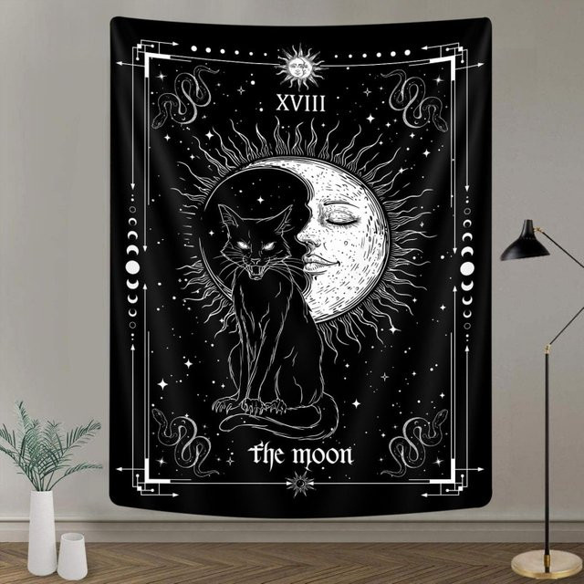 VIKAMA Mond-Tarot-Wandteppich mit schwarzer Katze und Stern-Mond-Muster in Schwarz, Wanddekoration für Wohnzimmer und Schlafzimmer - Bild 1