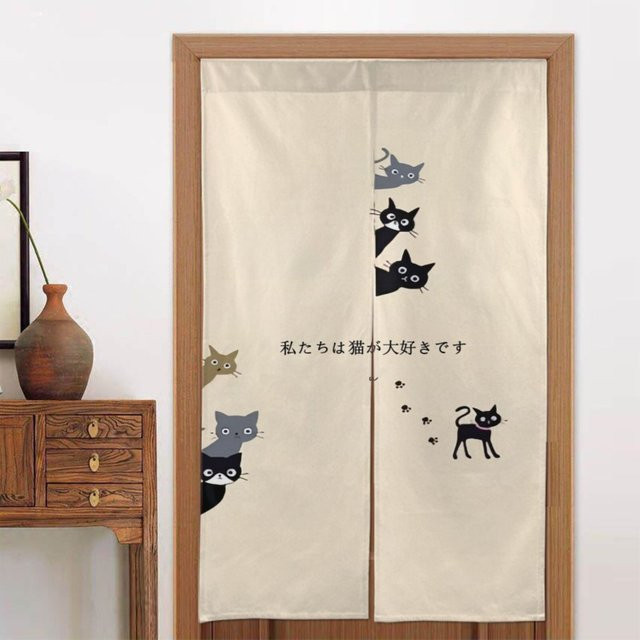 VIKAMA Türvorhang im japanischen Stil mit Katzenmuster in Beige, Sichtschutz und Dekoration für Schlafzimmer und Küche, Breite: 80 cm, Höhe: 150 cm - Bild 1