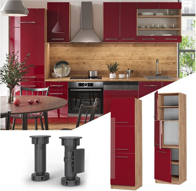 Vicco Herdumbauschrank Fame-Line Küchenschrank in Bordeaux Rot und Eiche Hochglanz, Breite: 60 cm, Höhe: 206 cm, Tiefe: 64 cm - Bild 1
