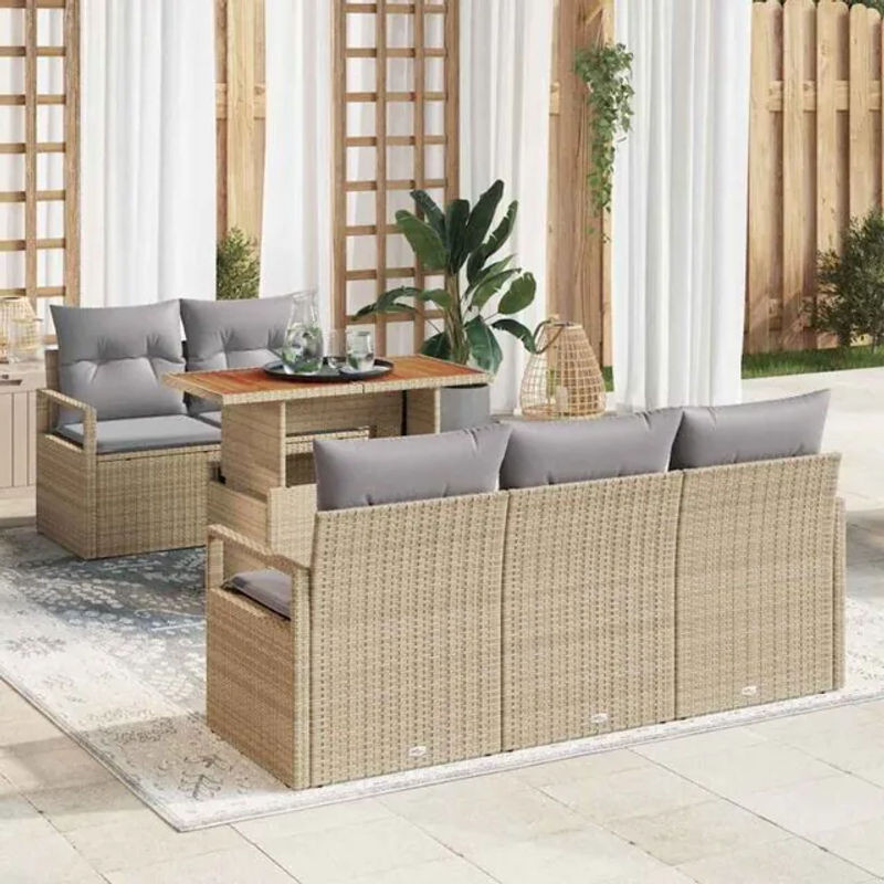 VIDAXL Loungemöbel Garten-Sofa-Set aus Polyrattan und Akazie, 6-teilig, Beige und Grau, B/T/H: 100 x 55 x 73 cm - Bild 1