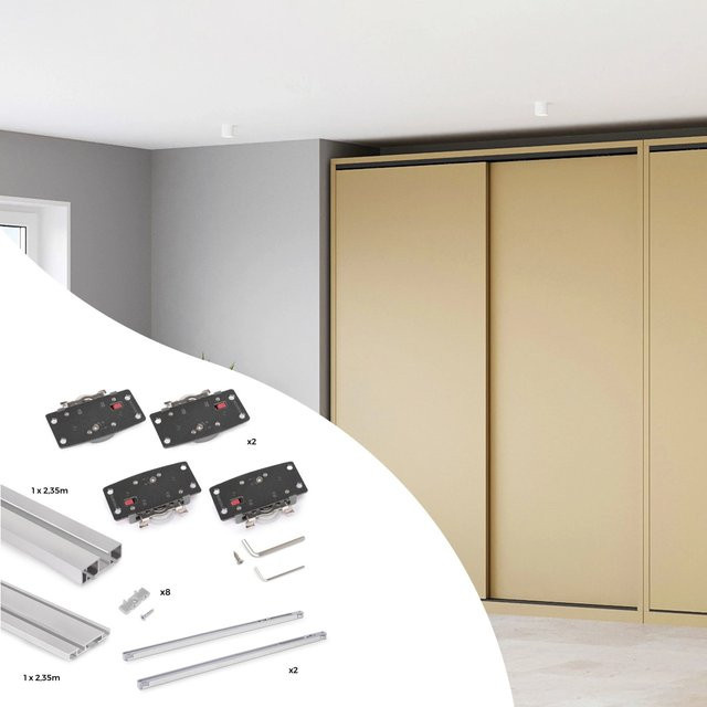 Emuca Flow 2-Aufbausystem für Schrank mit 2 Holzschiebetüren, Schwarz, mit Dämpfung aus Aluminium, Kunststoff und Stahl - Bild 1