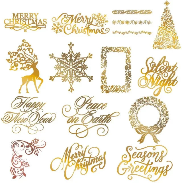 Goldene Heißfolienplatte mit Rentier, Weihnachtsbaum und Schneeflocken für DIY Scrapbooking, Fotoalben und Papierkarten zum Basteln - Bild 1