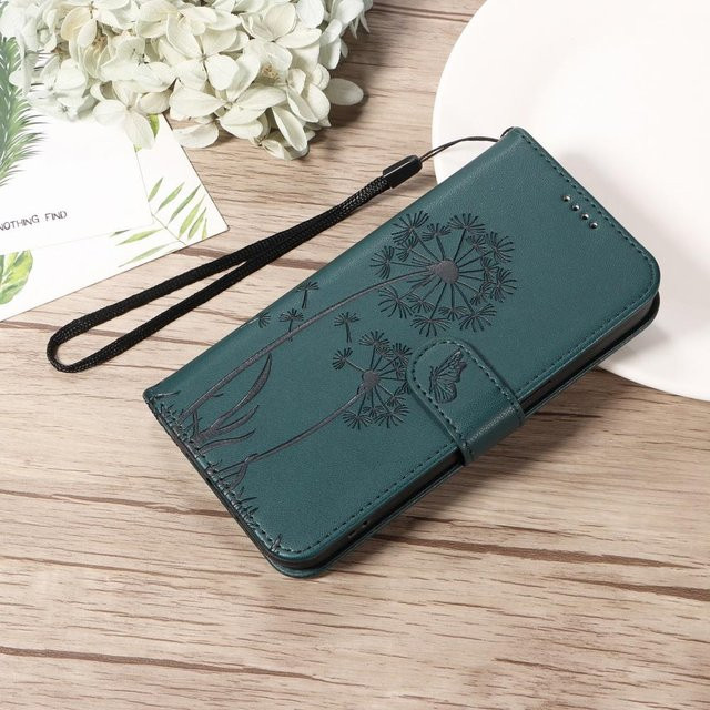 Leder Handyhülle Funda für Apple iPhone mit Löwenzahn-Design als Klapphülle und Geldbörse in Grün - Bild 1