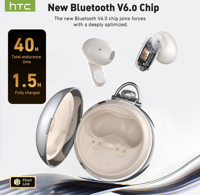 HTC NE71 Bluetooth Wireless Headset mit Smart LED-Bildschirm, IPX6 wasserdicht, HiFi-Sound Ohrhörer für iOS, Android und PC, Silber/Schwarz - Bild 1