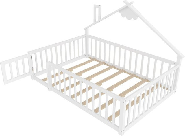 okwish Kinderbett mit Hausleiste und Geländer in Weiß, B/T/H: 140 x 190 x 151 cm - Bild 1