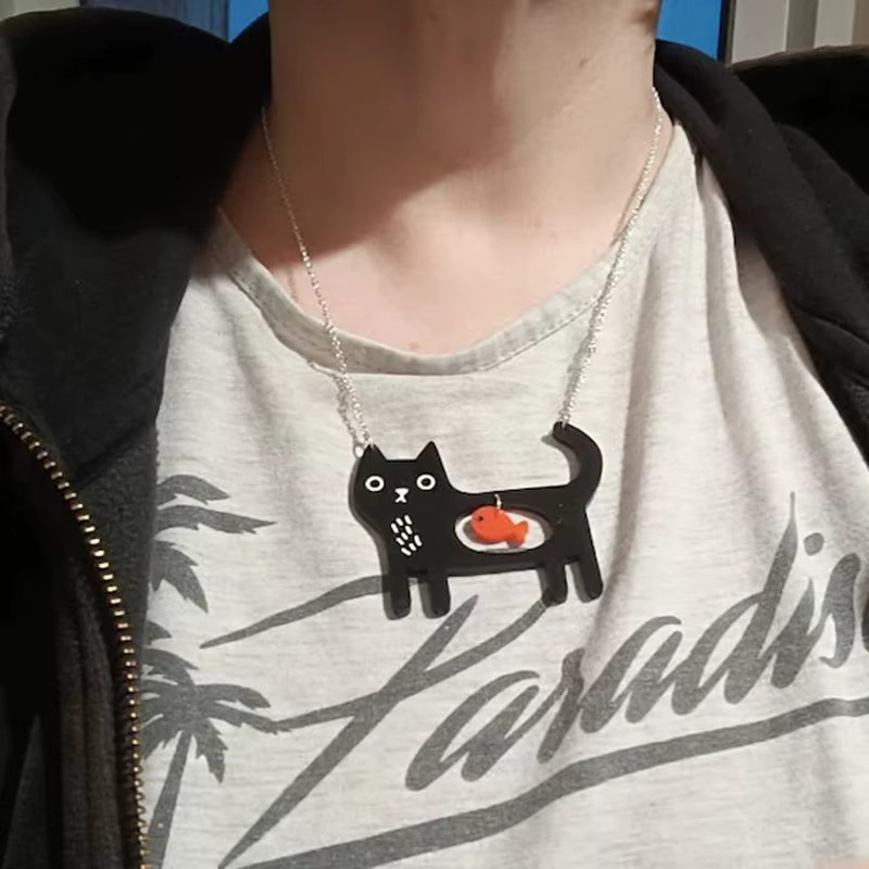 konminry Halskette, Acryl, schwarze Katze und Fisch, Damen - Bild 5