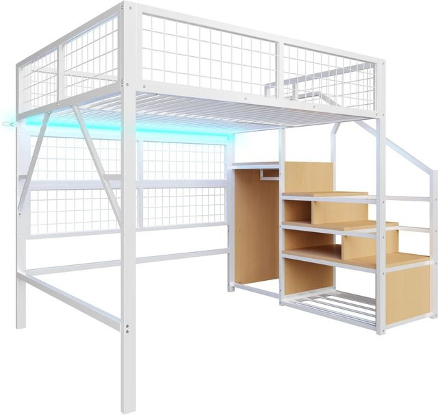 Merax Hochbett für Kinder mit LED-Unterbettbeleuchtung, Treppe mit Stauraum und Seitenfächern, Weiß/Schwarz, B/T/H: 200 x 140 x 170 cm - Bild 1