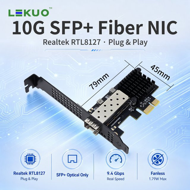 Lekuo 10G SFP+ Glasfaser-Netzwerkkarte PCIe 4.0 X1 mit RTL8127ATF Chip in Schwarz für NAS und Server - Bild 1