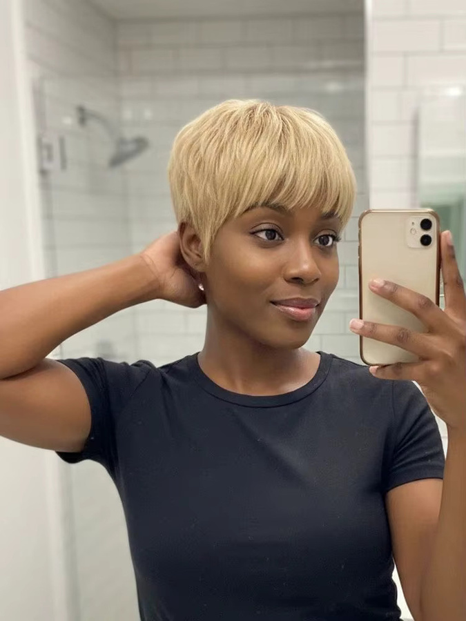 OYM HAIR Pixie-Perücke, Echthaar, blond, kurz, Damen - Bild 4