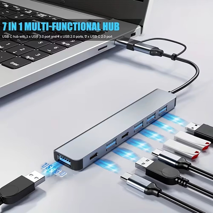 HUB7-in-1 USB-C Splitter aus Aluminiumlegierung mit 2 USB-C und 5 USB-A Anschlüssen, 5 Gbit/s, Ultra Slim, Farbe: Silber/Grau - Bild 2