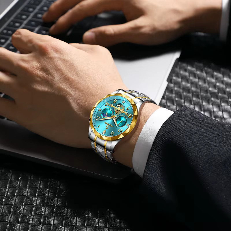 PENGAGAR Chronograph Herrenuhr, Quarz, Edelstahl, Blau, Datum - Bild 1