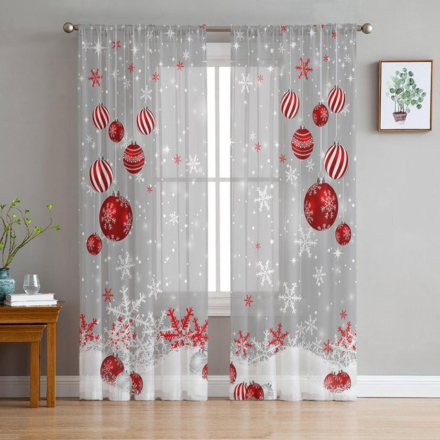 Weihnachtliche Tüllvorhänge von Your Warm Home in Transparent mit roten Weihnachtskugeln und Schneeflocken, Breite: 135 cm, Höhe: 114 cm - Bild 1