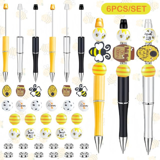 DIY Perlen Kugelschreiber und Holzperlen-Set mit Bienen-Motiv, Mehrfarbig, schwarze Tinte - Bild 1